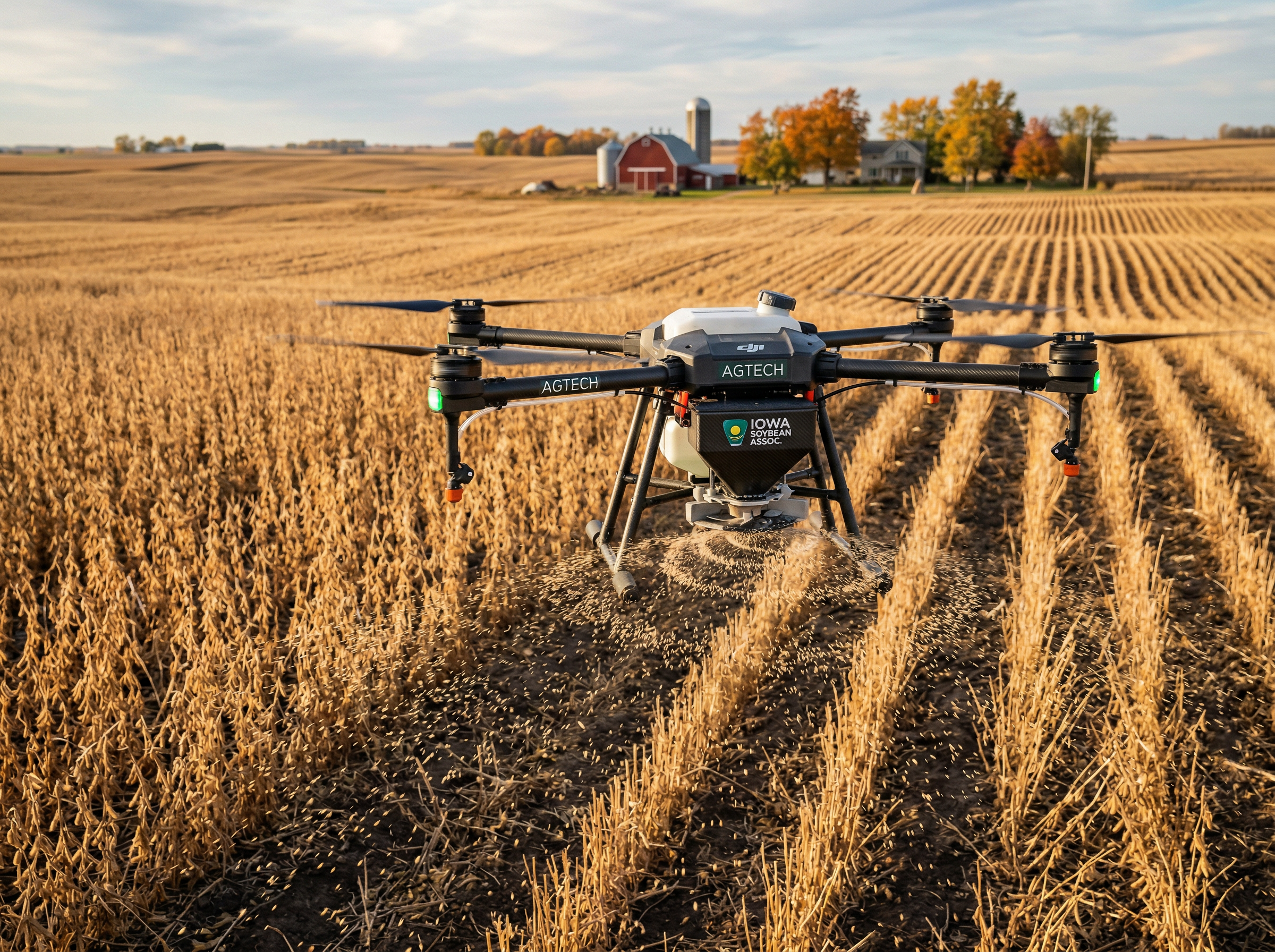 Agricultural drone spreading cover crop seed over fall harvest field in Iowa
